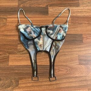 Posh by V Feminine Renaissance Strappy Top Sz Small Corset Style Black Tan Blue